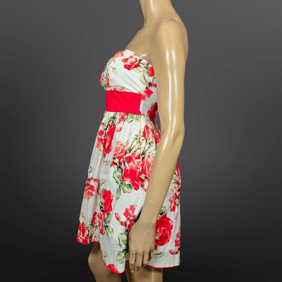 Y2K Trixxi Strapless Mini Dress Size 5 Red White Floral Rose Print Fit Flare - Picture 5 of 10